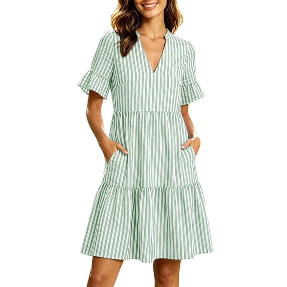 Miluxas Women's Summer Striped Mini Dress Tiered Ruffle Short Sleeve V Neck T-Shirt Dresses Casual Loose Fit A Line Going Out Dress with Pockets Green