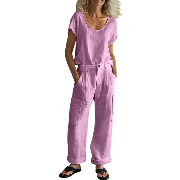 Miluxas Women's Summer Two Pieces Suits Set Round Neck Short Sleeve Top Wide Leg Pants Business Casual Outfits Sets Purple