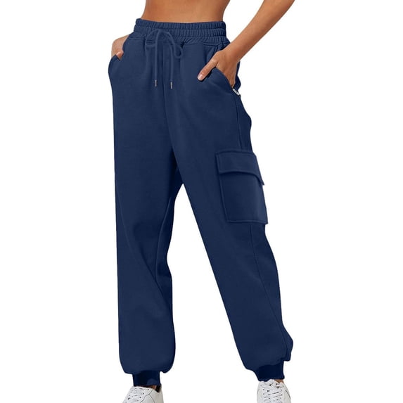 Miluxas Women's Sweatpants with Zipper Pocket Elastic Solid Color High Waisted Drawstring Running Hiking Pants Sweatpants Navy