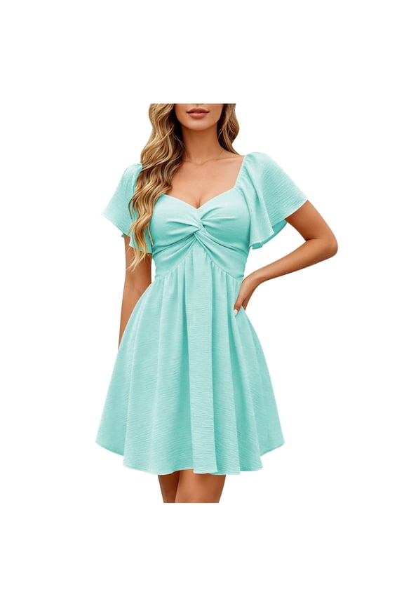 Women's Sweetheart Knot Front Dress Flutter Sleeve Tie Back A-Line Chiffon Mini Dresses Going Out Babydoll Dress for Vacation Mint Green