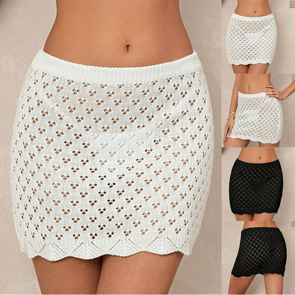 Miluxas Women's Swim Cover Up Skirt Crochet Bikini Bathing Suit Cover Up Skirt Summer Hollow Out Beach Skirt White S(S)