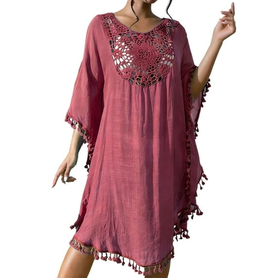 Miluxas Women's Swimsuit Cover Up Dress Crochet V Neck Short Sleeve Bikini Swimwear Bathing Suit Coverup Beach Dresses