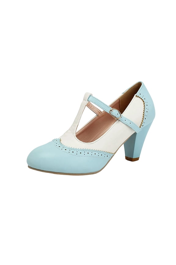 Women's T-Strap Mary Jane Pumps High Block Chunky Heel Wedding Dress Shoes Blue 8.5(41)