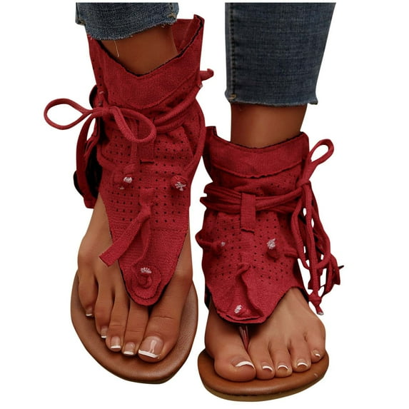 Miluxas Women's Tassel Gladiator Flip Flops Sandals,Summer Retro Bohemian T-Strap Roman Open-Toe Sandals Casual Beach Flat Clip Toe Ankle Boots Red 6(37)