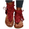 thumbnail image 1 of Miluxas Women's Tassel Gladiator Flip Flops Sandals,Summer Retro Bohemian T-Strap Roman Open-Toe Sandals Casual Beach Flat Clip Toe Ankle Boots Red 9(42), 1 of 9