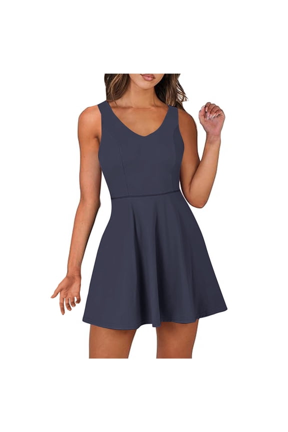 Women's Tennis Dress Shorts Onesie Summer One Piece Outfits Athletic Romper Sleeveless Workout Mini Skort Dress Navy 6(M)