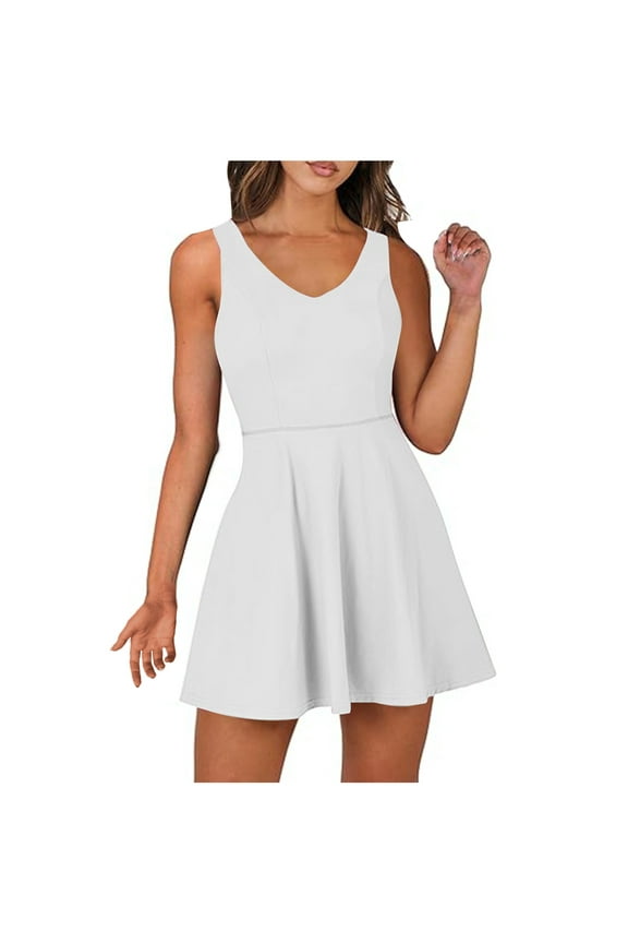 Women's Tennis Dress Shorts Onesie Summer One Piece Outfits Athletic Romper Sleeveless Workout Mini Skort Dress White 4(S)