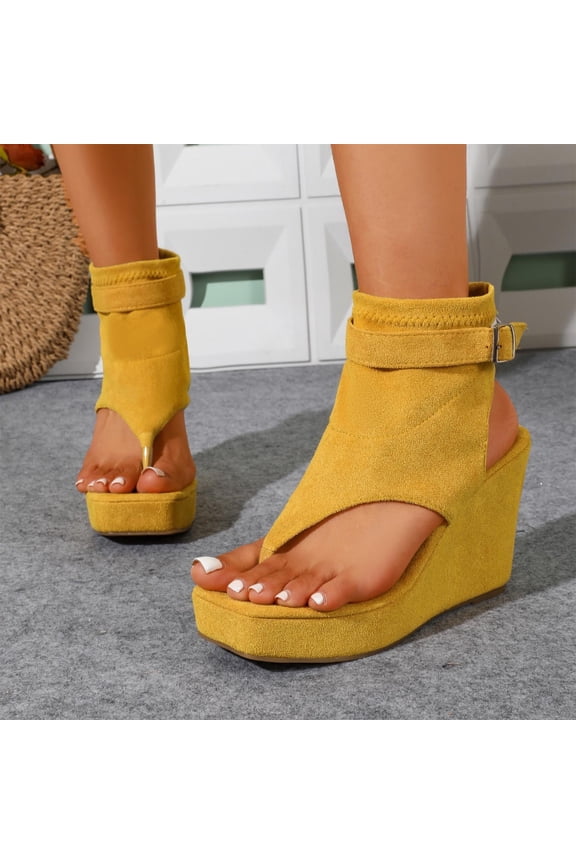Women's Thong Platform Wedge Sandals, Adjustable Ankle Buckle Strap Open Toe High Heel Shoes, Casual Summer Dress Sandals Yellow 8.5(41)