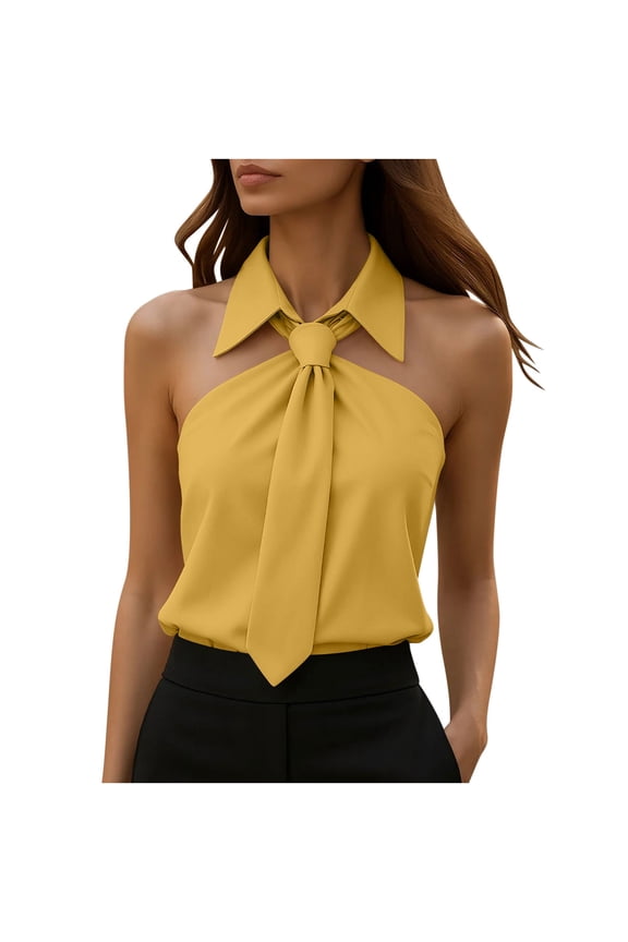 Women's Tie Knot Tank Tops Halter Neck Sleeveless Blouse Shirt Top Yellow S(S)