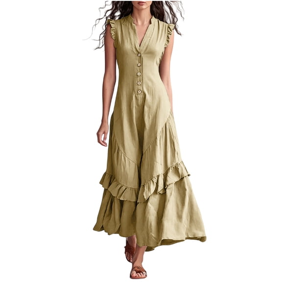 Miluxas Women's Tiered Ruffle Sleeveless Maxi Dress V Neck Button Down High Waisted Flowy Long Dress Boho Style Beach Vacation Outfits (S-XXXXXL) Yellow