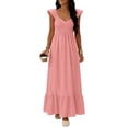 thumbnail image 1 of Miluxas Women's Trendy Smoked Sleeveless Dresses Summer Solid V Neck Vacation Dress Casual Ruffle Flowy Swing Dress Pink, 1 of 5