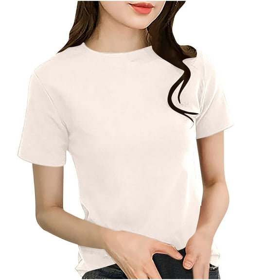 Miluxas Women's Tshirts Crew Neck Short Sleeve Shirts for Woman Basic Solid Color Breathable Summer Trendy Tees White-A L(L)