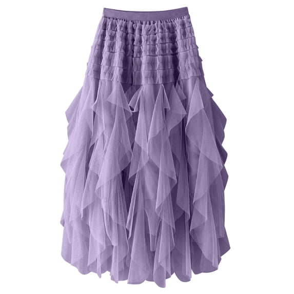 Miluxas Women's Tulle Long Skirt Elastic High Waist Layered Cake Skirt Solid Casual Party A-Line Mesh Skirt Purple