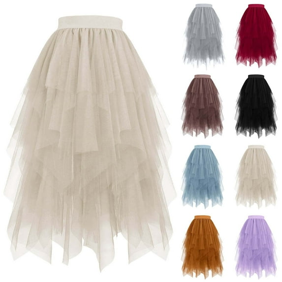 Miluxas Women's Tulle Skirt formal High Low Asymmetrical Midi Length Elastic Waist Tutu Layered Puffy Fairy Skirts Yellow XS(XS)