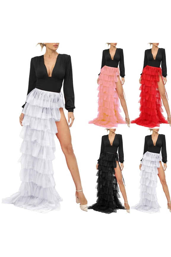 Women's Tulle Skirts High Low Layered Puffy Fairy Skirts Midi Length Irregular Maxi Skirt White