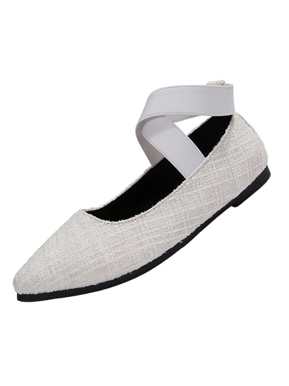 Women’s Tweed Crisscross Ankle Strap Pointed Toe Flats, Elastic Wrap Slip On Ballet Shoes, Soft Casual Walking Loafers White 8.5(41)