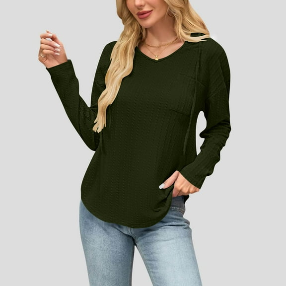 Miluxas Women's V Neck Hoodies Solid Color Knitted Jacquard Long Sleeve Sweatshirt Drawstring Pullover Tops with Pocket Army Green S(S)