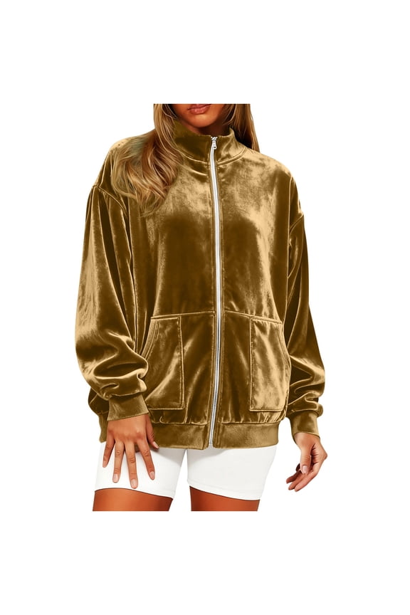 Women's Velour Jacket Long Sleeve Coats Full Zip Up Outerwear Soft Warm Velvet Jacket with Pockets Gold XXL(XXL)