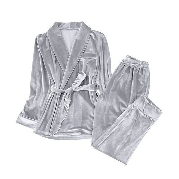 Miluxas Women's Velvet Pajamas Set 2 Piece Long Sleeve Lace up Robe Sleepwear Set Homewear with Pocket Gray 4(S)