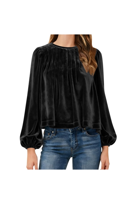 Women's Velvet Top Long Sleeve Bubble Blouse Pleated Smocked Cuff Dressy Casual Shirt Holiday Party Blouse Black S(S)
