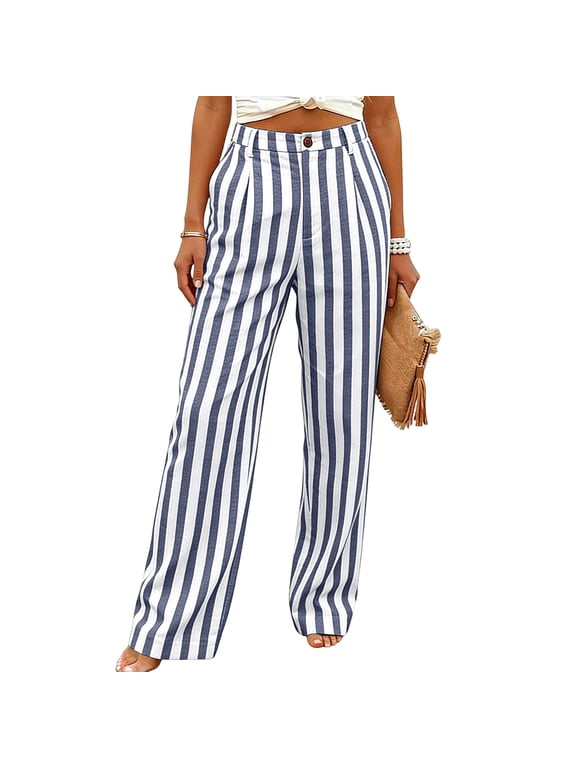 Women's Vertical Striped Pants High Waist Button Fly Wide Leg Trousers with Pocket Slimming Work office Long Pants Casual Summer Wear Navy