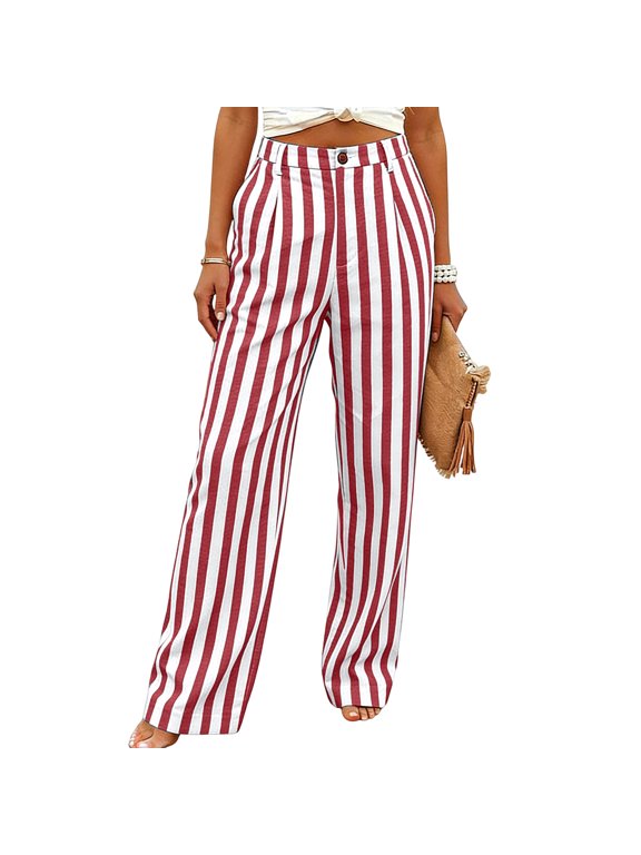 Women's Vertical Striped Pants High Waist Button Fly Wide Leg Trousers with Pocket Slimming Work office Long Pants Casual Summer Wear Red