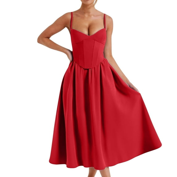 Miluxas Women's Vintage Corset Dress Spaghetti Strap A-Line Midi Dress Elegant Cocktail Party Evening Dresses Red L(L)