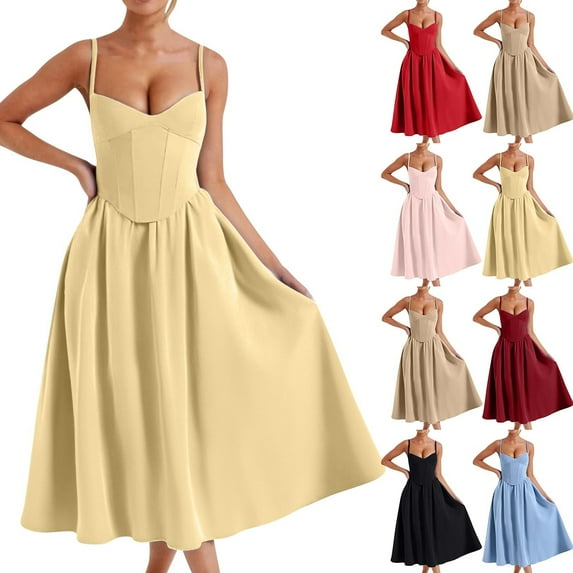 Miluxas Women's Vintage Corset Dress Spaghetti Strap A-Line Midi Dress Elegant Cocktail Party Evening Dresses Yellow XS(XS)