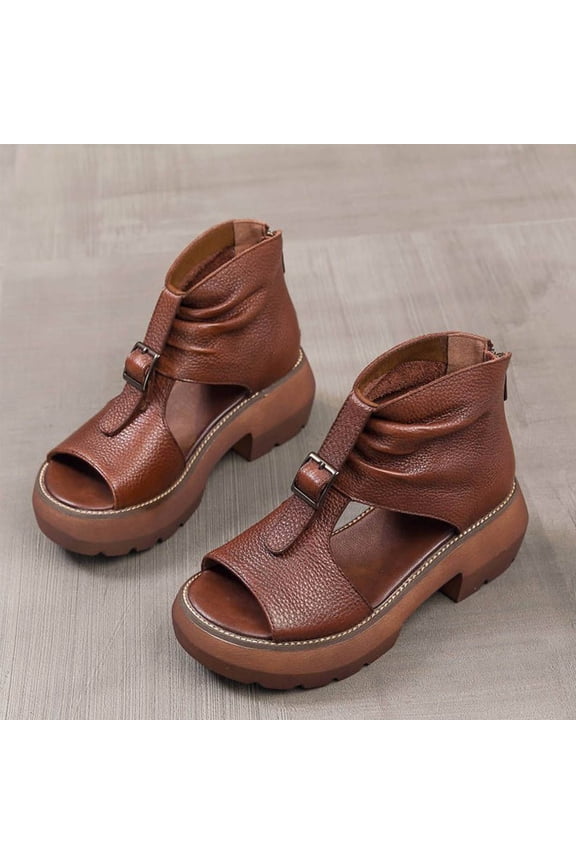 Women's Vintage Leather Platform High Top Open Toe Sandals ,Fashion Hollow Chunky Heel Gladiator Sandals,Summer Outdoor Casual Beach Athletic Sandal Brown 5(35)