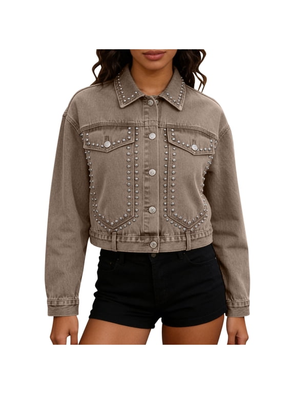 Women's Vintage Studded Cropped Denim Jackets Button Front Long Sleeve Lapel Casual Outerwear Daily Wear Streetwear Khaki