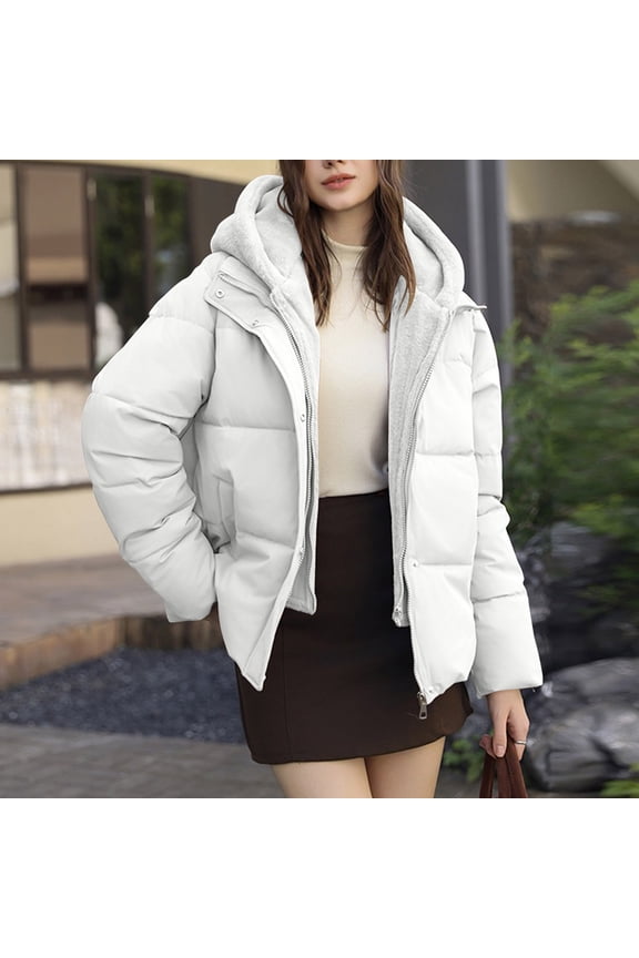 Women's Warm Winter Puffer Coat Thicken Cotton Padded Jacket Solid Color Long Sleeve Hooded Snow Parka White XL(XL)