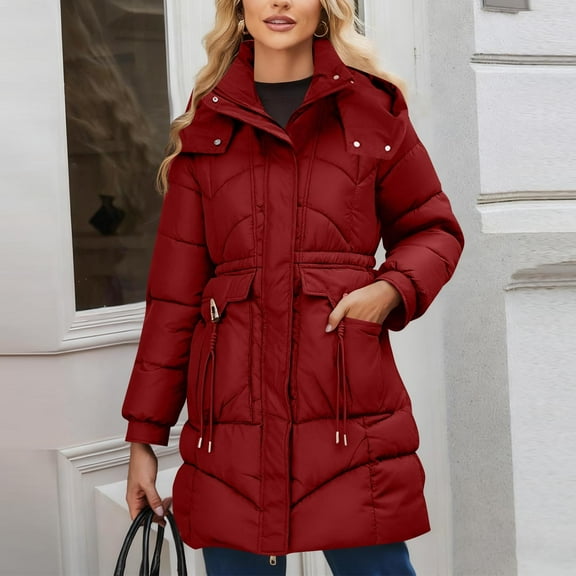 Miluxas Women's Waterproof Long Winter Coat Thickened Down Alternative Jacket Warm Puffer Jacket Parka with Pockets Red XL(XL)