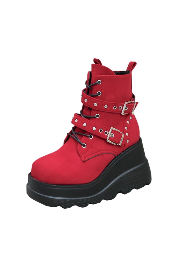 Women's Wedge Ankle Boots Fashion Platform Round Toe Belt Buckle Short Booties with Side Zipper Red 9(42)