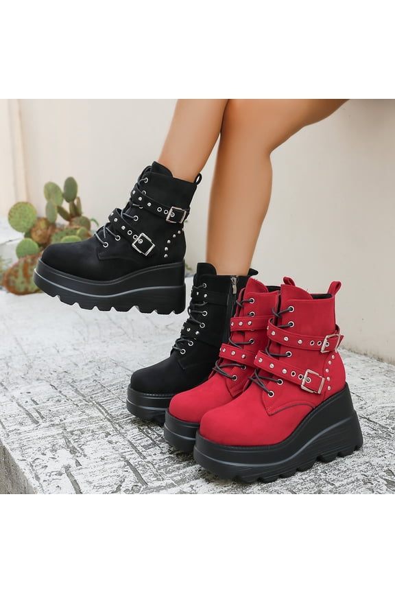 Women's Wedge Ankle Boots Fashion Platform Round Toe Belt Buckle Short Booties with Side Zipper Red 9.5(43)