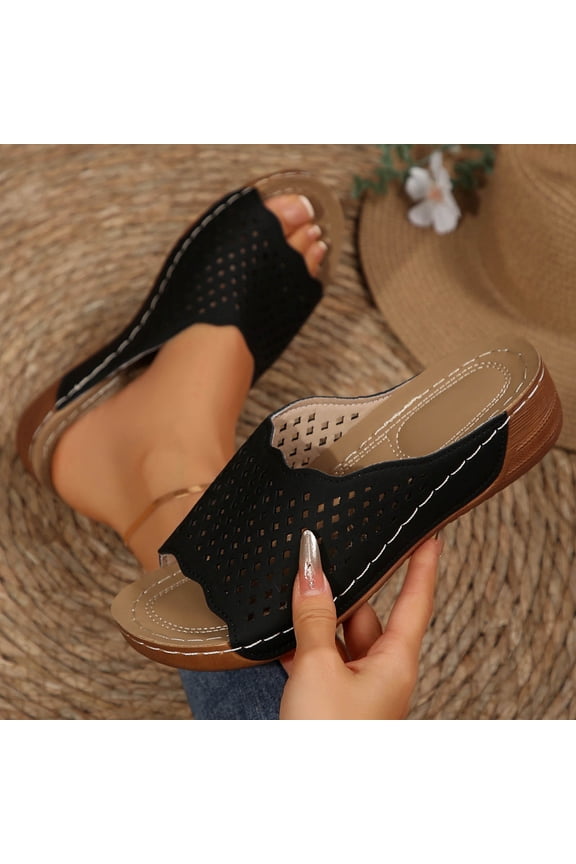 Women's Wedge Open Toe Orthopedic Sandals with Arch-Support,Hollow-Out Platform Slip-on Sandals,Summer Casual Non Slip Walking Beach Shoes Black 7(39)