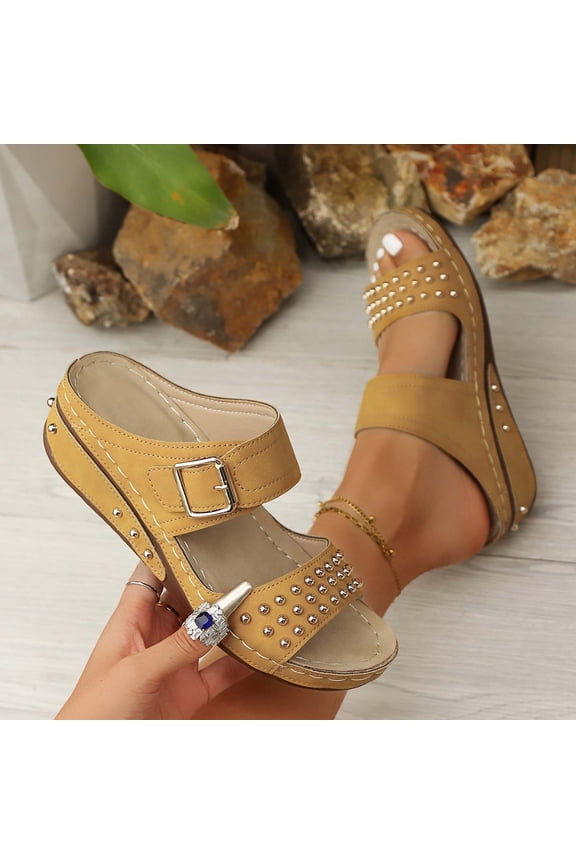 Women's Wedge Sandal Two Band Open Toe Slip on Slides Wedding Sandals Yellow 6(37)