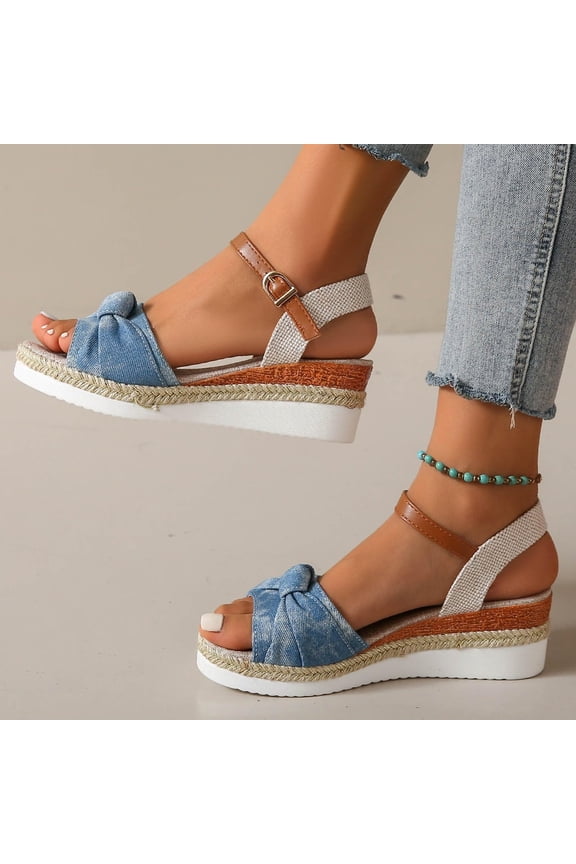 Women's Wedge Sandals Ankle Strap Espadrilles Platform Open Toe High Heel Stretch Textile Bridal Shoes Blue 9.5(43)