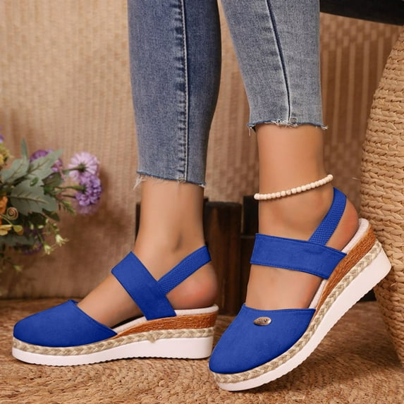 Miluxas Women's Wedge Sandals Closed Toe Slip on Elastic Ankle Wrap Dressy Platform Sandals-Suitable for Vocation Beach Dressy Summer Shoes Blue 6.5(38)
