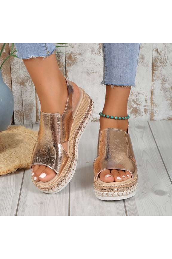 Women's Wedge Sandals Slip On Leather Platform Casual Sandals Dressy Summer Beach Open Toe High Heels Shoes Gold 7(39)