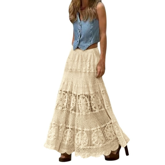 Miluxas Women's Western Floral Lace Crochet Knit Maxi Boho Skirt A-Line Eyelet Hippie Flowy Long Skirt Beige Free Size
