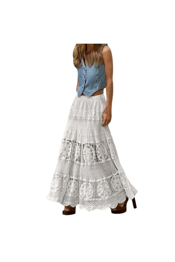 Women's Western Floral Lace Crochet Knit Maxi Boho Skirt A-Line Eyelet Hippie Flowy Long Skirt White Free Size