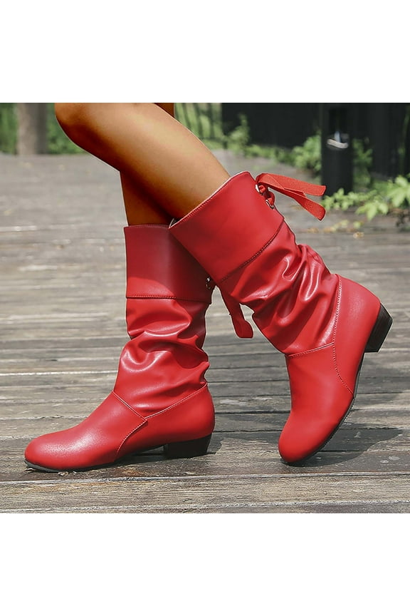 Women's Wide Calf Knee High Boots, Low Stacked Heel Riding Boots Red 6(37)