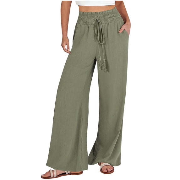 Miluxas Women's Wide Leg Casual Pants High Waisted Adjustable Tie Knot Business Work Trousers with Pockets Green 6(M)