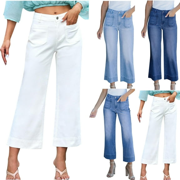 Miluxas Women's Wide Leg Jeans High Waisted Stretchy Jeans Straight Leg Loose Fit Cropped Denim Pants with Pockets White 10(XL)