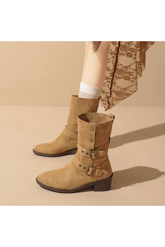 Women's Wide Width Ankle Boots - Short Boots Block Low Heel Side Zipper Booties Khaki 5.5(36)
