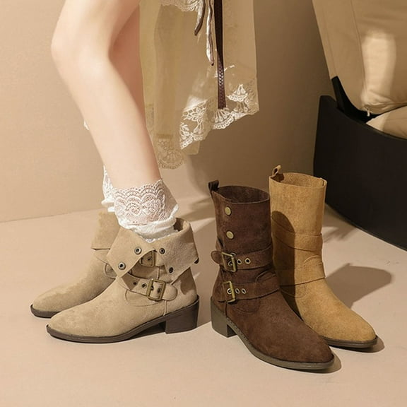 Miluxas Women's Wide Width Ankle Boots - Short Boots Block Low Heel Side Zipper Booties Khaki 7.5(40)