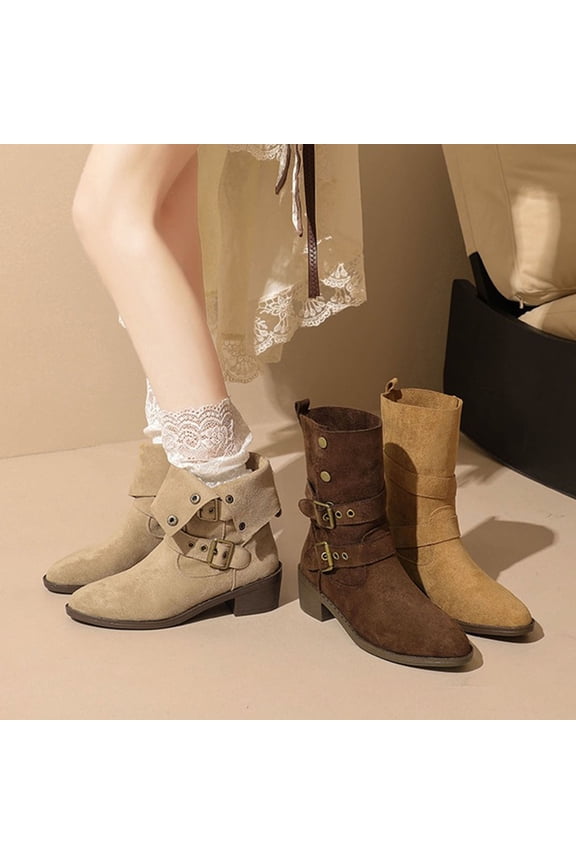 Women's Wide Width Ankle Boots - Short Boots Block Low Heel Side Zipper Booties Khaki 7.5(40)