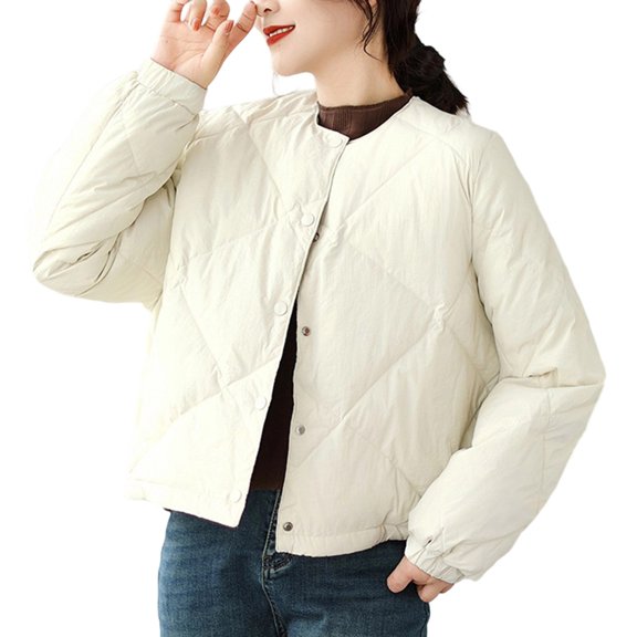 Miluxas Women's Winter Long Sleeve Button Puffer Jacket Baggy Solid Casual Short Cotton Padded Coats Beige M(M)