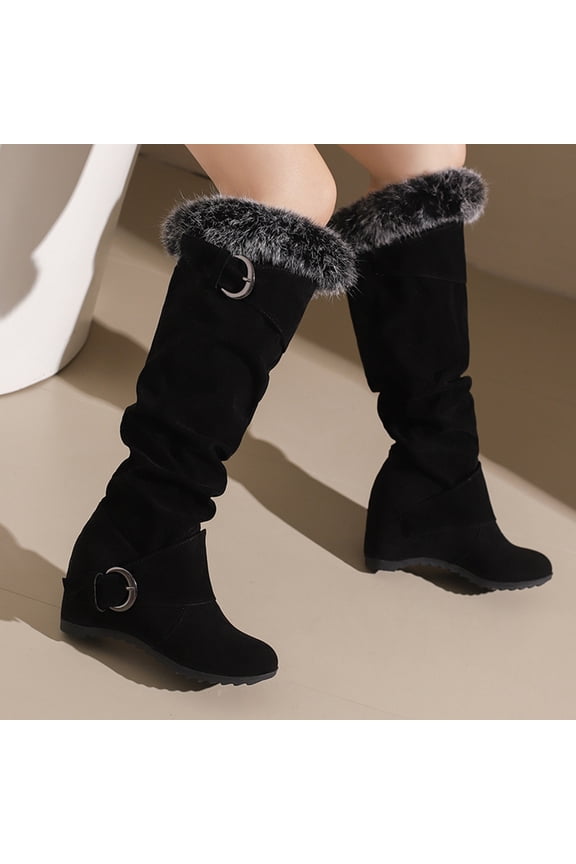 Women's Winter Over the Knee Thigh High Snow Boots Stretch Thick Collar Warm Leather Waterproof Slip-on Hidden Wedge Boot Black 7.5(40)