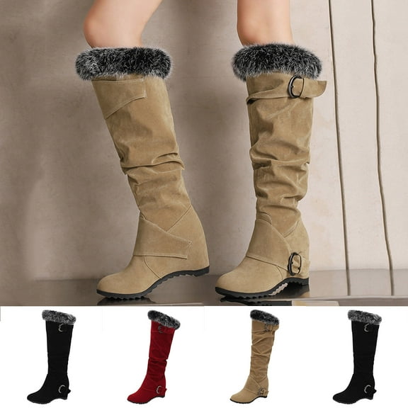 Miluxas Women's Winter Over the Knee Thigh High Snow Boots Stretch Thick Collar Warm Leather Waterproof Slip-on Hidden Wedge Boot Wine 9.5(43)